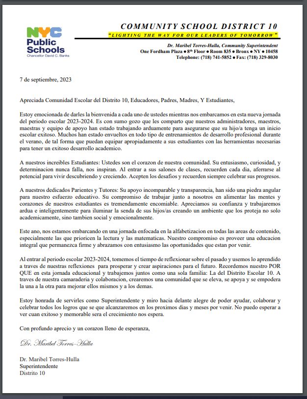 Welcome Back Letter Spanish